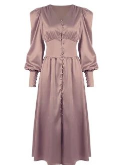Hot Retro Stage 1940s Solid Silk Buttoned Tea Dress