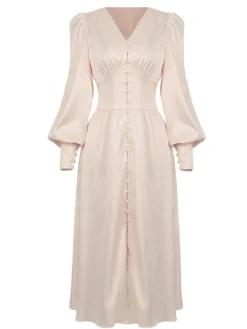 Hot Retro Stage 1940s Solid Silk Buttoned Tea Dress