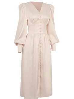 Hot Retro Stage 1940s Solid Silk Buttoned Tea Dress