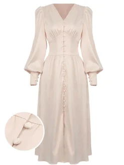 Hot Retro Stage 1940s Solid Silk Buttoned Tea Dress Beige