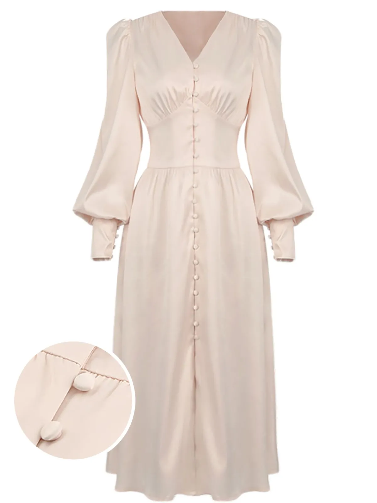 Hot Retro Stage 1940s Solid Silk Buttoned Tea Dress Beige