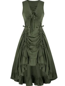 Online Retro Stage 1940s Solid Sleeveless Drawstring Lace-Up Dress