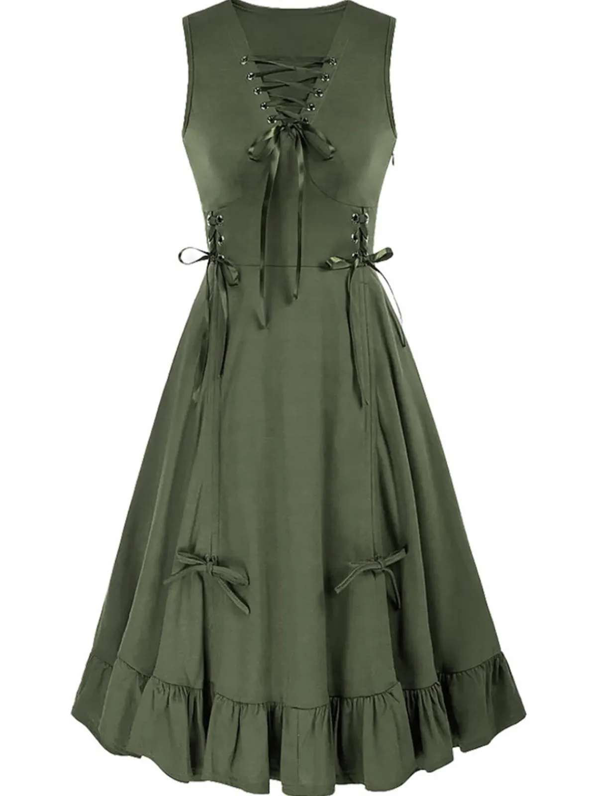 Online Retro Stage 1940s Solid Sleeveless Drawstring Lace-Up Dress