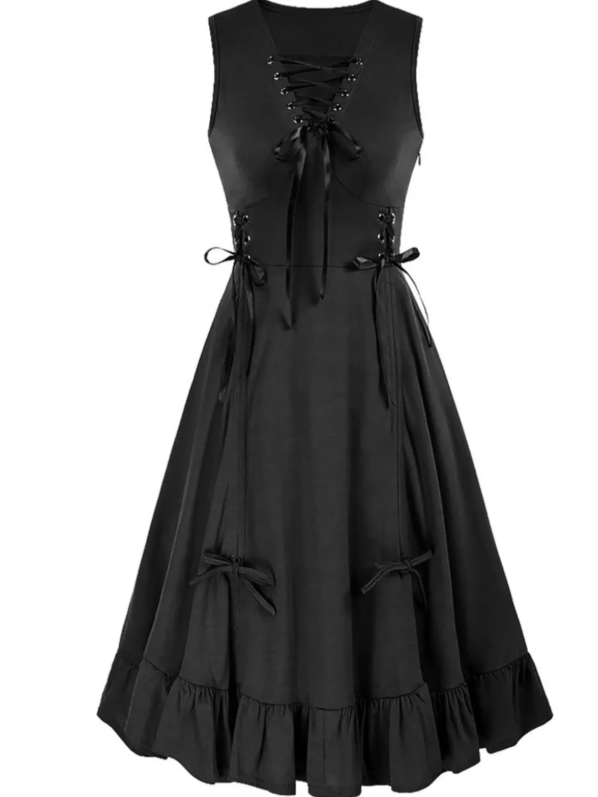 Online Retro Stage 1940s Solid Sleeveless Drawstring Lace-Up Dress