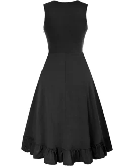 Online Retro Stage 1940s Solid Sleeveless Drawstring Lace-Up Dress