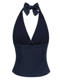 Best Retro Stage 1950s Solid Sleeveless Halter Ruched Top