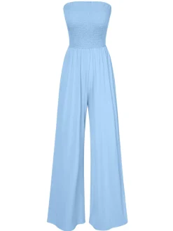 Hot Retro Stage 1970s Solid Sleeveless Smocked Bandeau Jumpsuit