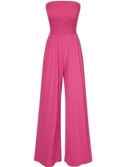 Hot Retro Stage 1970s Solid Sleeveless Smocked Bandeau Jumpsuit