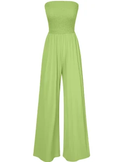 Hot Retro Stage 1970s Solid Sleeveless Smocked Bandeau Jumpsuit