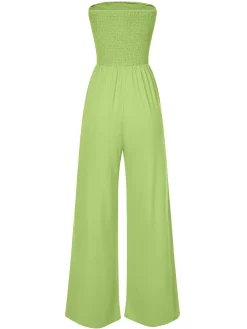 Hot Retro Stage 1970s Solid Sleeveless Smocked Bandeau Jumpsuit