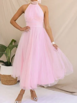 Hot Retro Stage 1940s Solid Sleeveless Turtleneck Halter Mesh Dress