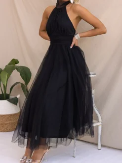Hot Retro Stage 1940s Solid Sleeveless Turtleneck Halter Mesh Dress