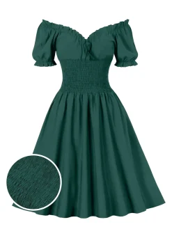 Hot Retro Stage 1950s Solid Smocked Waist Off-Shoulder Dress
