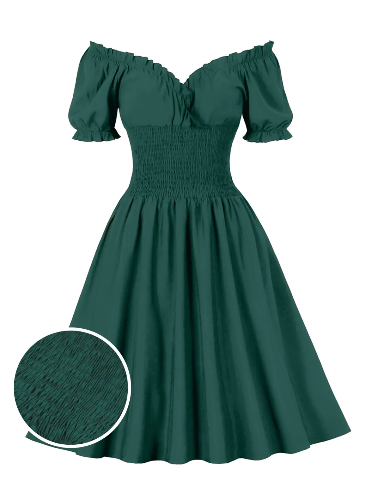 Hot Retro Stage 1950s Solid Smocked Waist Off-Shoulder Dress