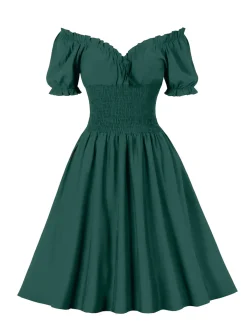 Hot Retro Stage 1950s Solid Smocked Waist Off-Shoulder Dress