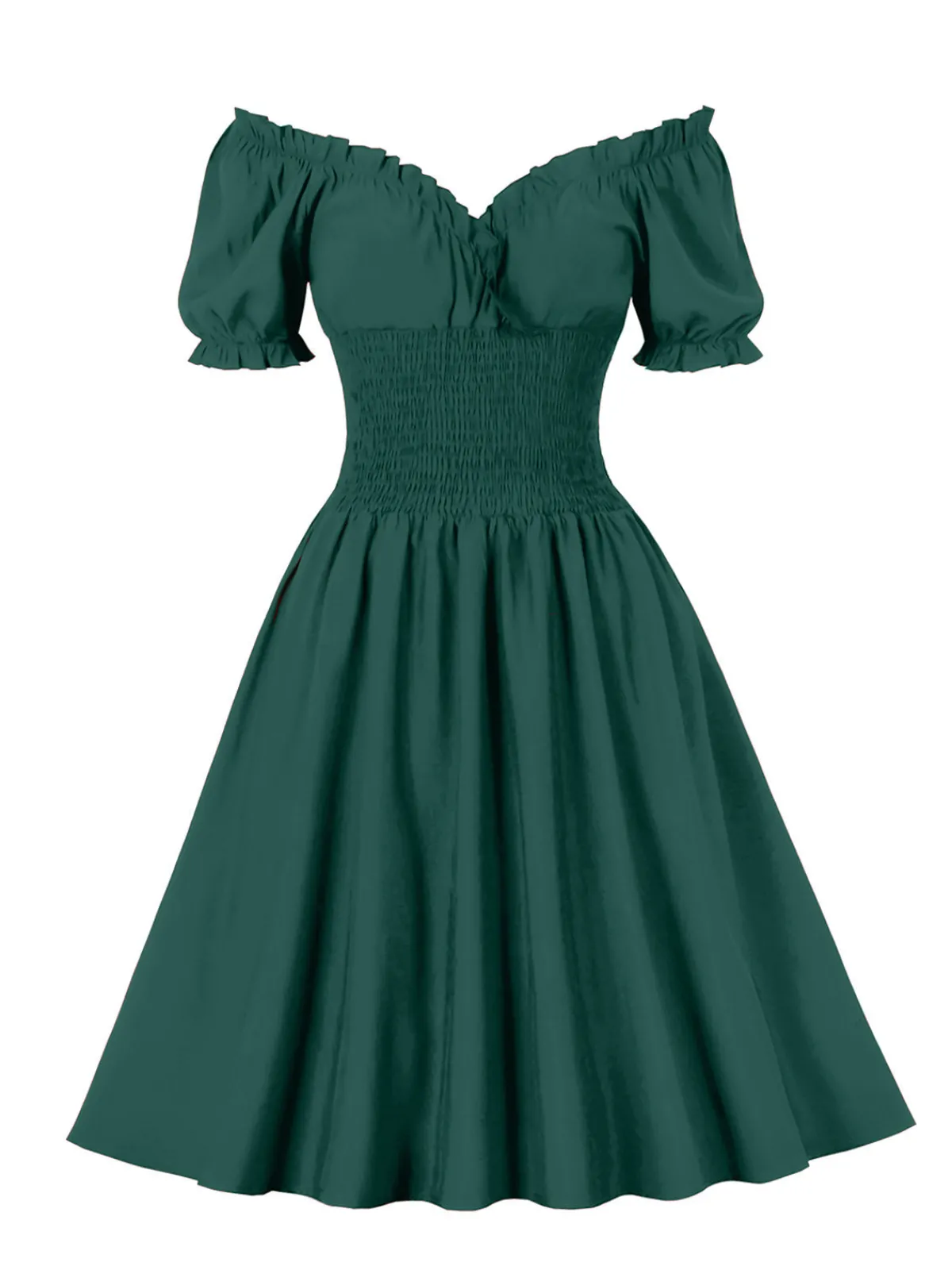 Hot Retro Stage 1950s Solid Smocked Waist Off-Shoulder Dress