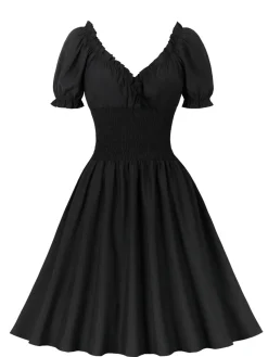 Hot Retro Stage 1950s Solid Smocked Waist Off-Shoulder Dress