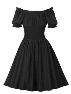 Hot Retro Stage 1950s Solid Smocked Waist Off-Shoulder Dress