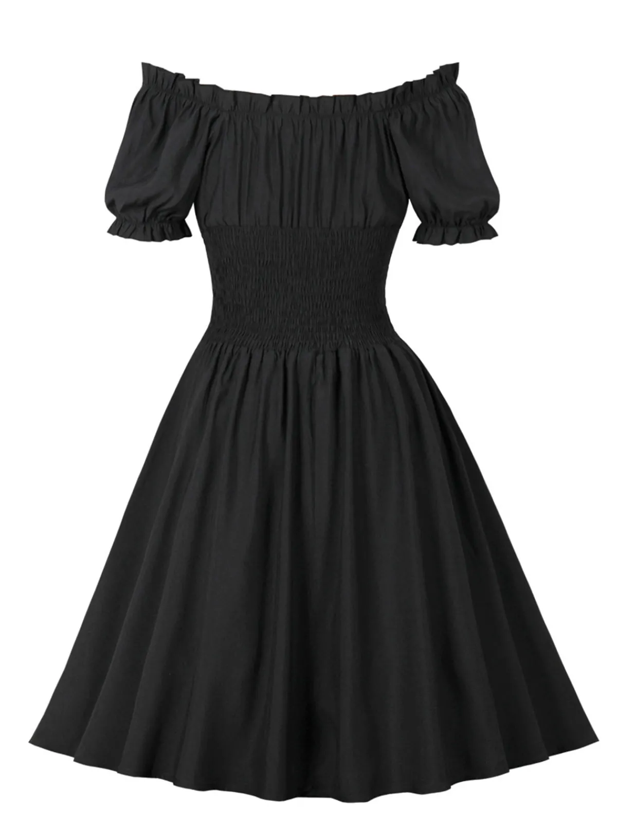 Hot Retro Stage 1950s Solid Smocked Waist Off-Shoulder Dress