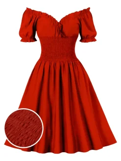 Hot Retro Stage 1950s Solid Smocked Waist Off-Shoulder Dress
