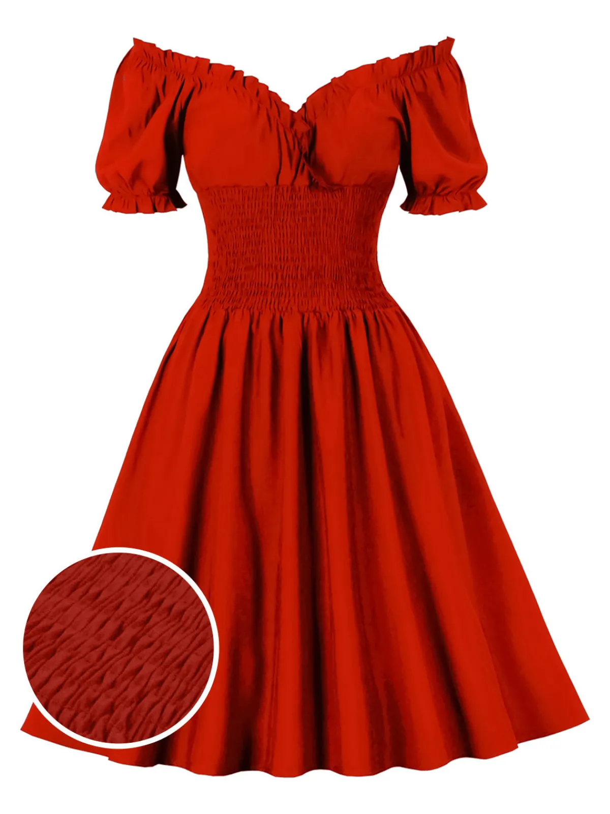 Hot Retro Stage 1950s Solid Smocked Waist Off-Shoulder Dress