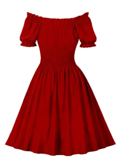 Hot Retro Stage 1950s Solid Smocked Waist Off-Shoulder Dress