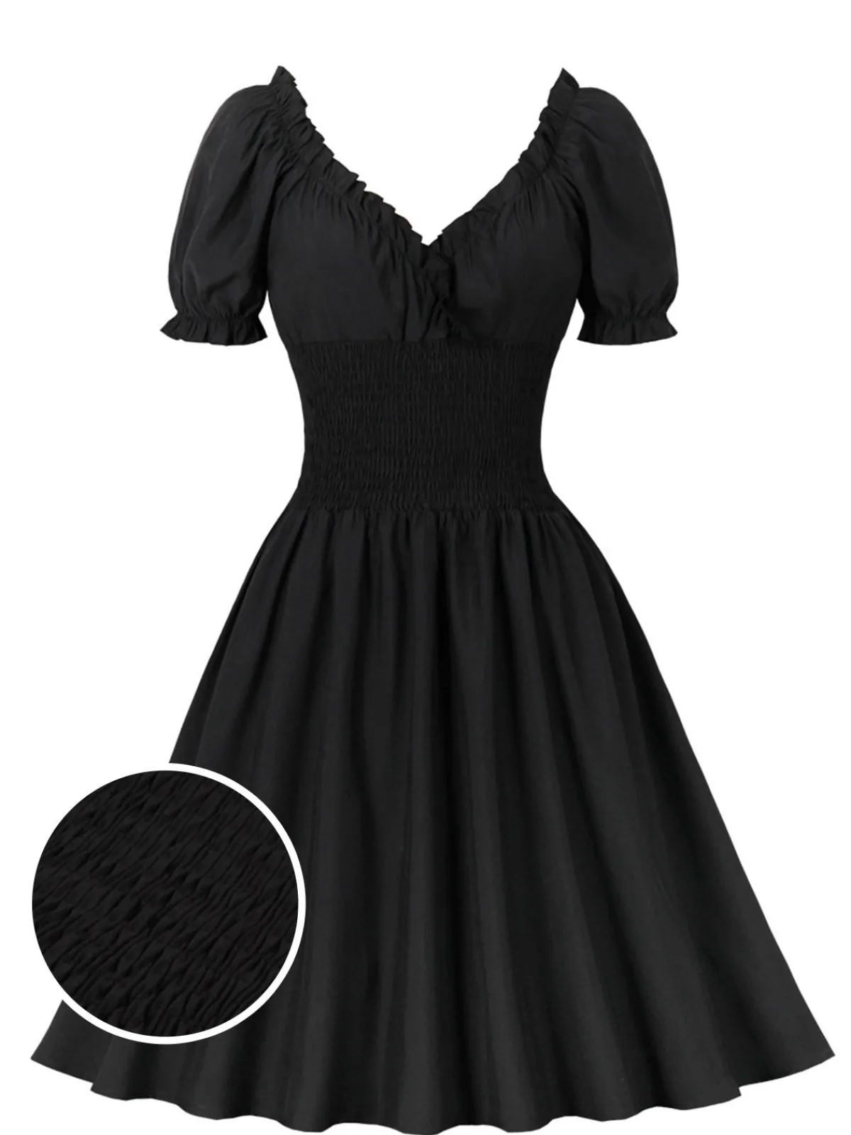 Hot Retro Stage 1950s Solid Smocked Waist Off-Shoulder Dress