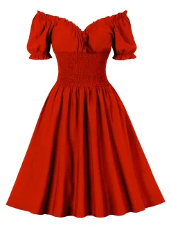 Best Retro Stage 1950s Solid Smocked Waist Off-Shoulder Dress