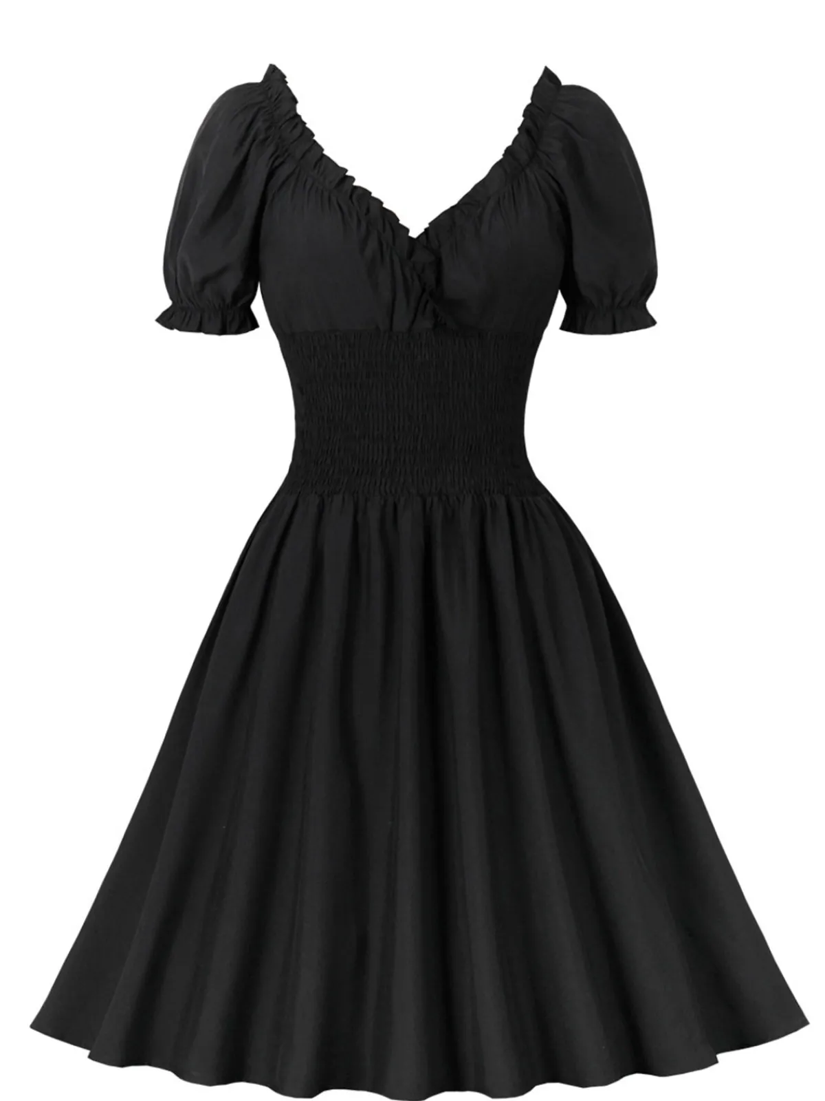 Best Retro Stage 1950s Solid Smocked Waist Off-Shoulder Dress