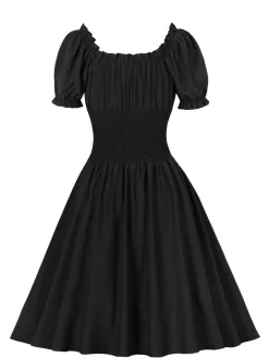 Best Retro Stage 1950s Solid Smocked Waist Off-Shoulder Dress