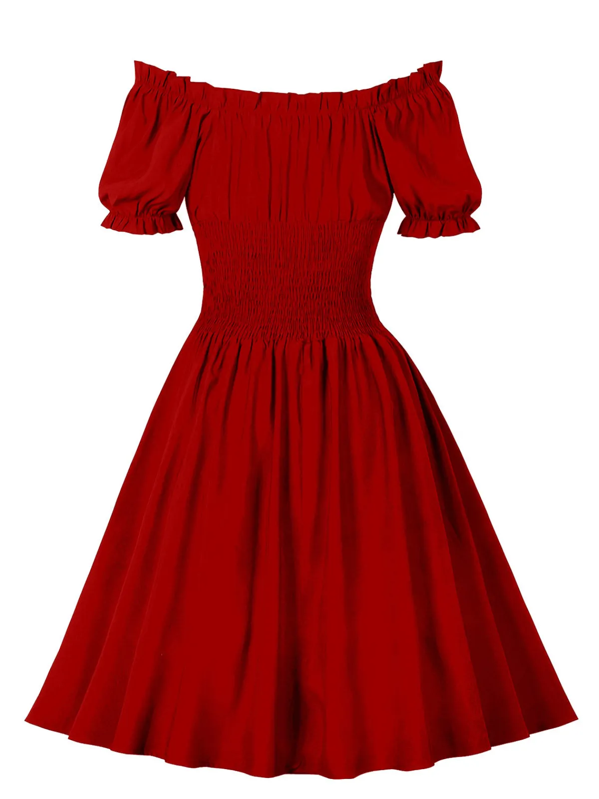 Best Retro Stage 1950s Solid Smocked Waist Off-Shoulder Dress