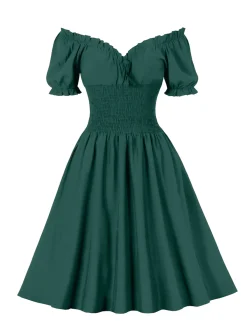 Best Retro Stage 1950s Solid Smocked Waist Off-Shoulder Dress