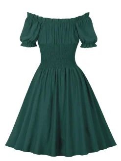 Best Retro Stage 1950s Solid Smocked Waist Off-Shoulder Dress