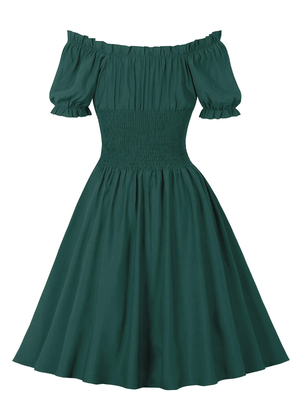 Best Retro Stage 1950s Solid Smocked Waist Off-Shoulder Dress