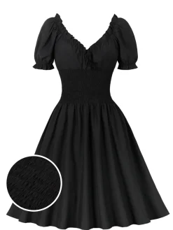 Best Retro Stage 1950s Solid Smocked Waist Off-Shoulder Dress