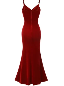 Fashion Retro Stage 1930s Solid Spaghetti Straps Velvet Pleated Dress