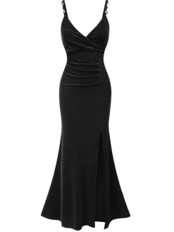 Fashion Retro Stage 1930s Solid Spaghetti Straps Velvet Pleated Dress
