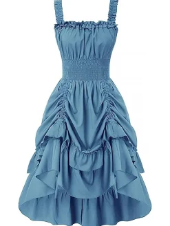 Sale Retro Stage 1930s Solid Square Neck Drawstring Layered Dress