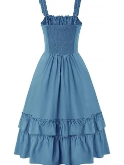 Sale Retro Stage 1930s Solid Square Neck Drawstring Layered Dress