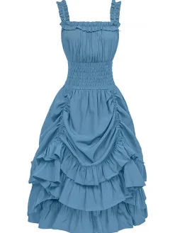 Sale Retro Stage 1930s Solid Square Neck Drawstring Layered Dress