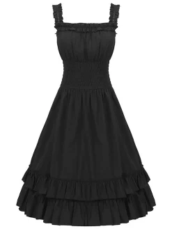 Sale Retro Stage 1930s Solid Square Neck Drawstring Layered Dress
