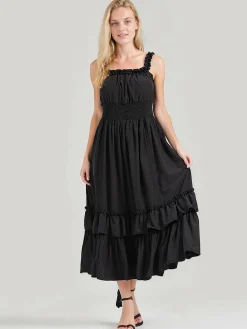Sale Retro Stage 1930s Solid Square Neck Drawstring Layered Dress