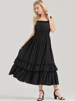 Sale Retro Stage 1930s Solid Square Neck Drawstring Layered Dress