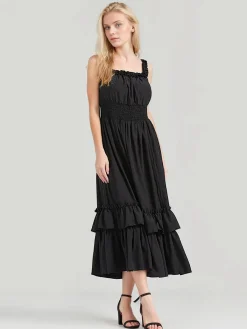 Sale Retro Stage 1930s Solid Square Neck Drawstring Layered Dress