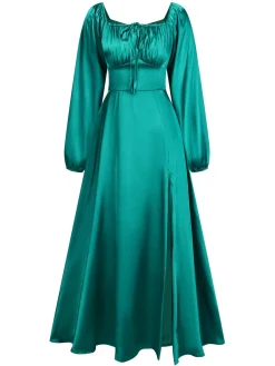 Online Retro Stage 1940s Solid Square Neck Pleated Dress
