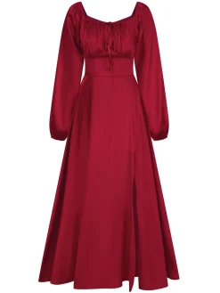 Online Retro Stage 1940s Solid Square Neck Pleated Dress