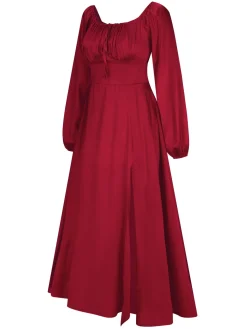 Online Retro Stage 1940s Solid Square Neck Pleated Dress