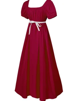 Clearance Retro Stage 1930s Solid Square Neck Puff Sleeves Dress