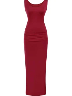 New Retro Stage 1930s Solid Square Neck Split Ruched Dress