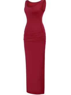 New Retro Stage 1930s Solid Square Neck Split Ruched Dress